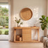 Solid oak buffet sideboard styled in a bright modern dining room with warm natural texture