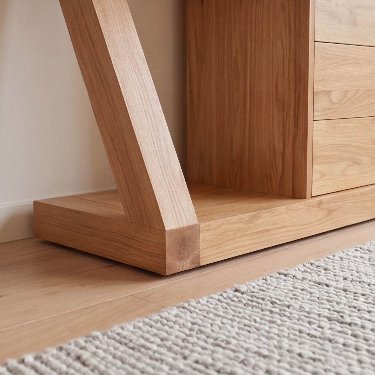 Natural solid oak sideboard cabinet styled with home décor, plants, and tableware storage