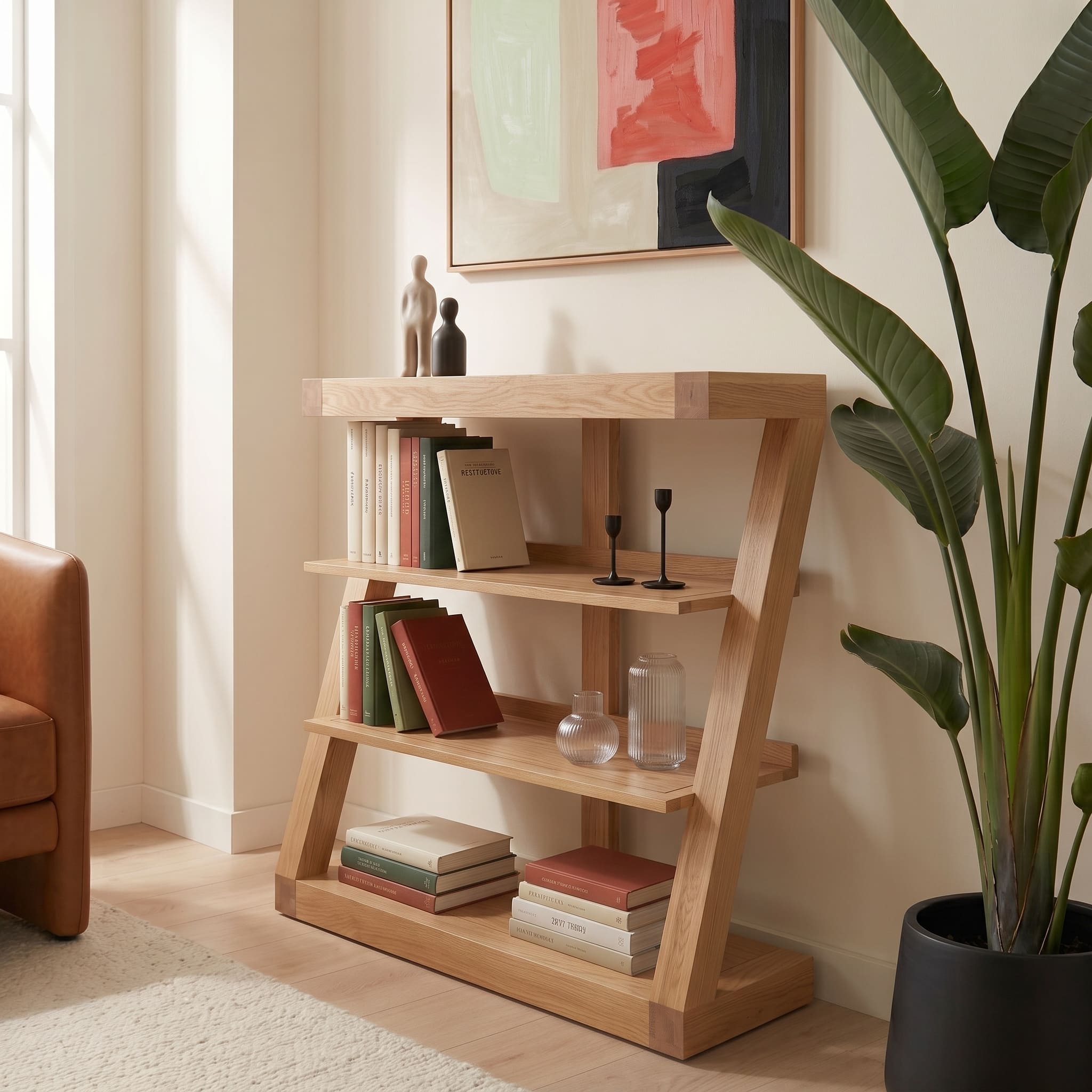 Natural oak small bookcase with modern timber structure for lounge room, bedroom, or study styling
