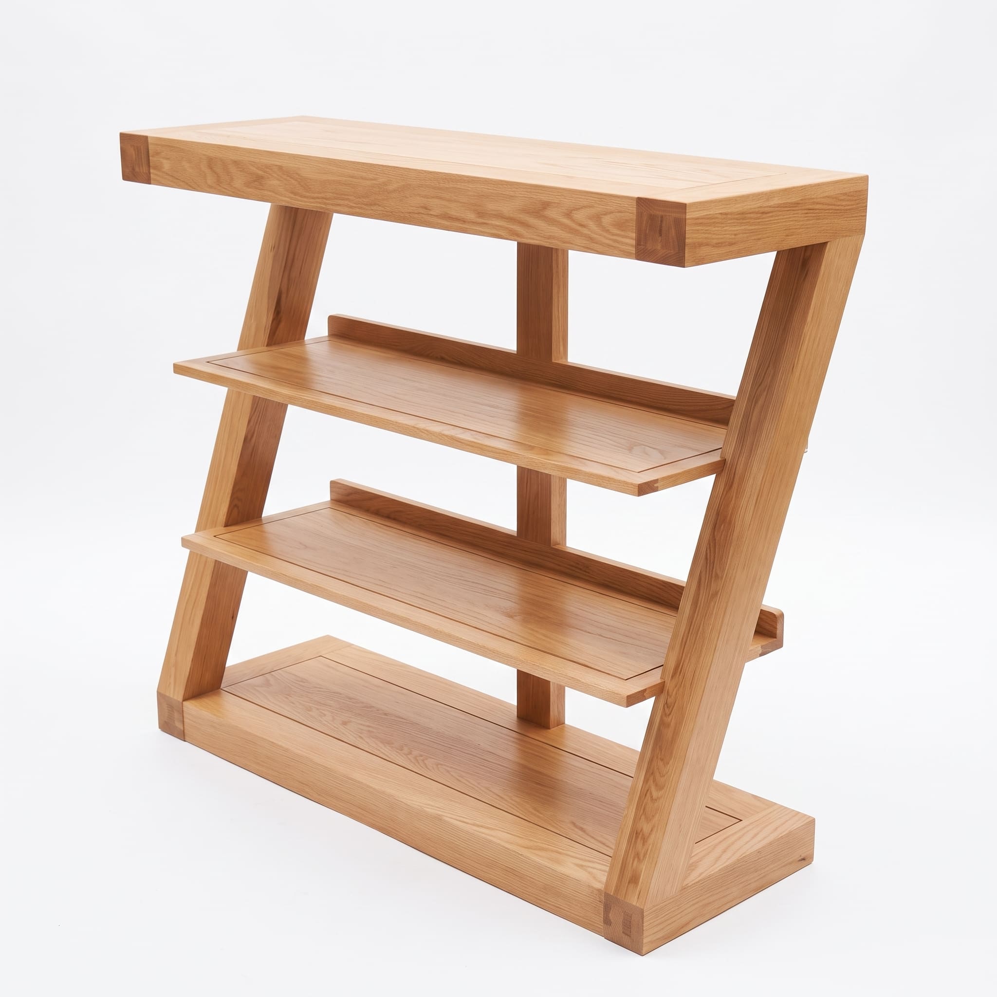 Natural solid oak small bookshelf with open shelves and warm oak wood grain finish