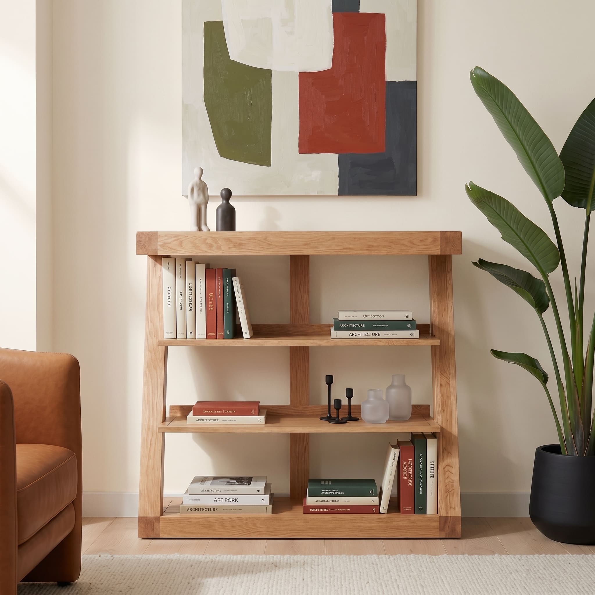 Solid oak small bookshelf with open shelf design for books, ornaments, and everyday storage