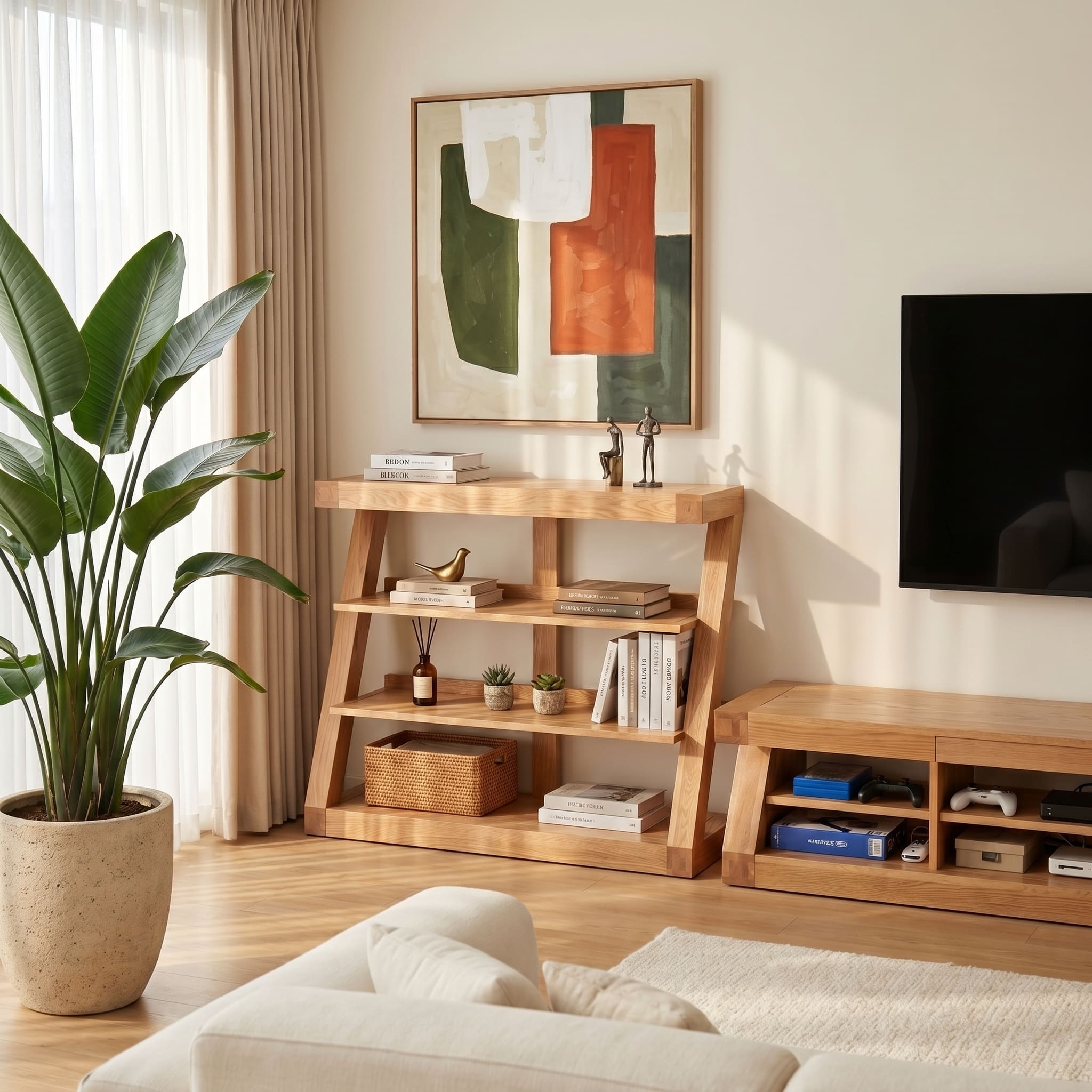 Zetland oak bookshelf with warm natural finish for compact living room organisation
