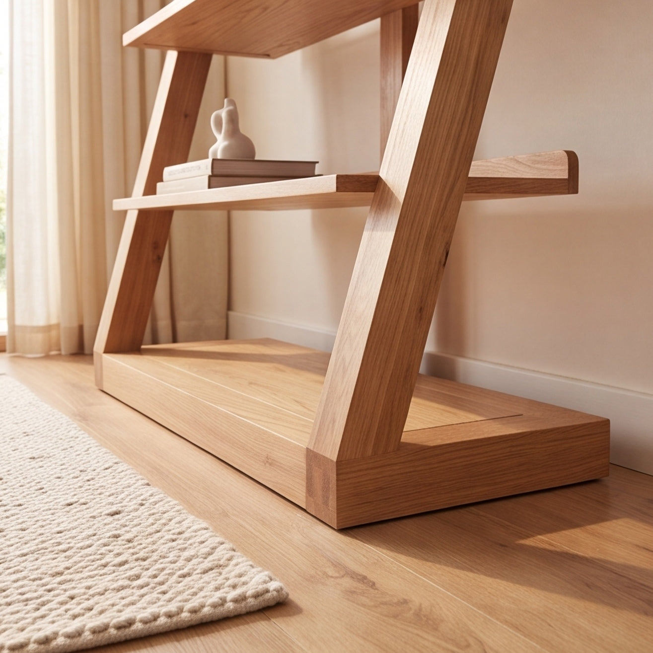 Solid oak small bookshelf styled with books, glass vases, sculptures, and wall art