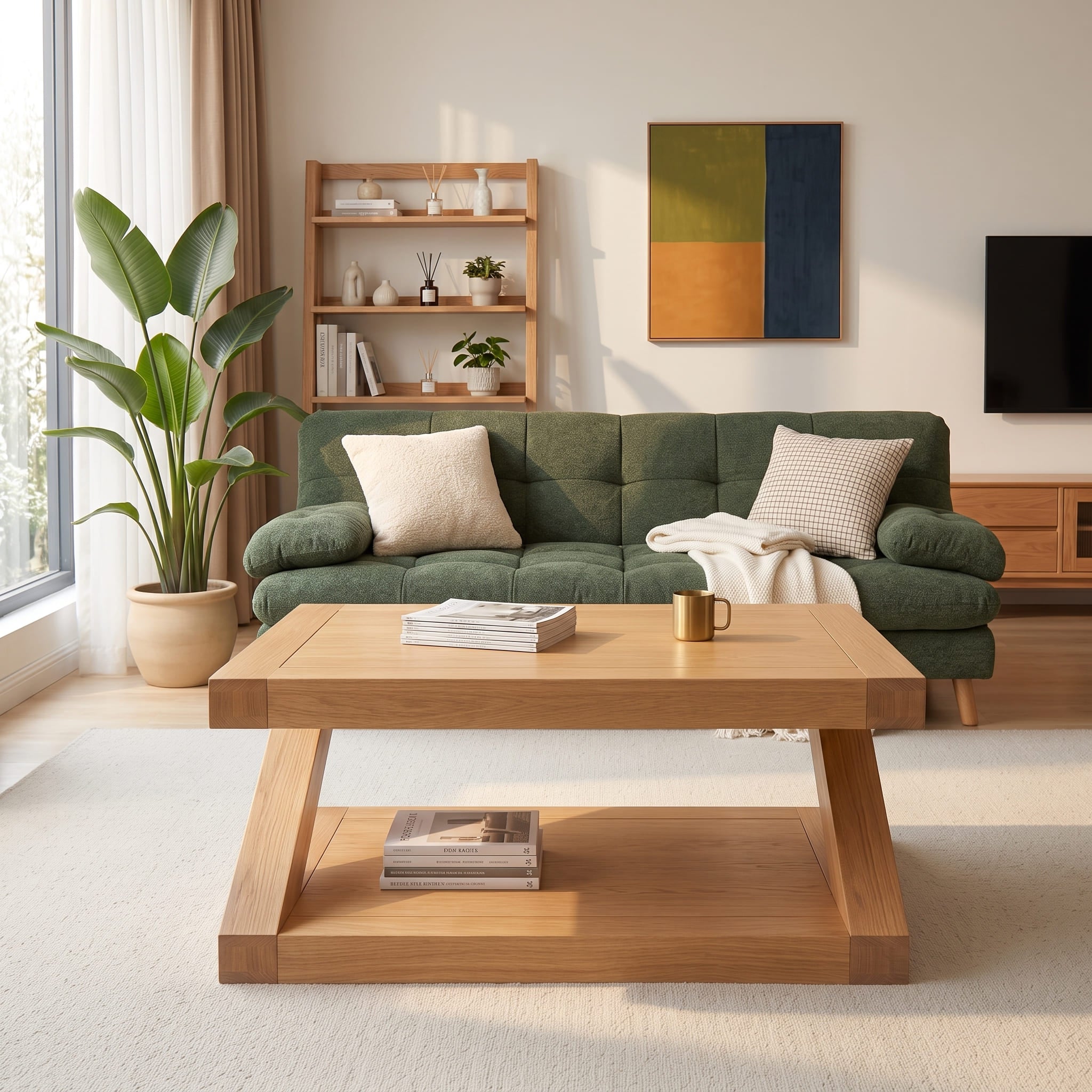Solid oak coffee table with bold timber structure for living room and family room use