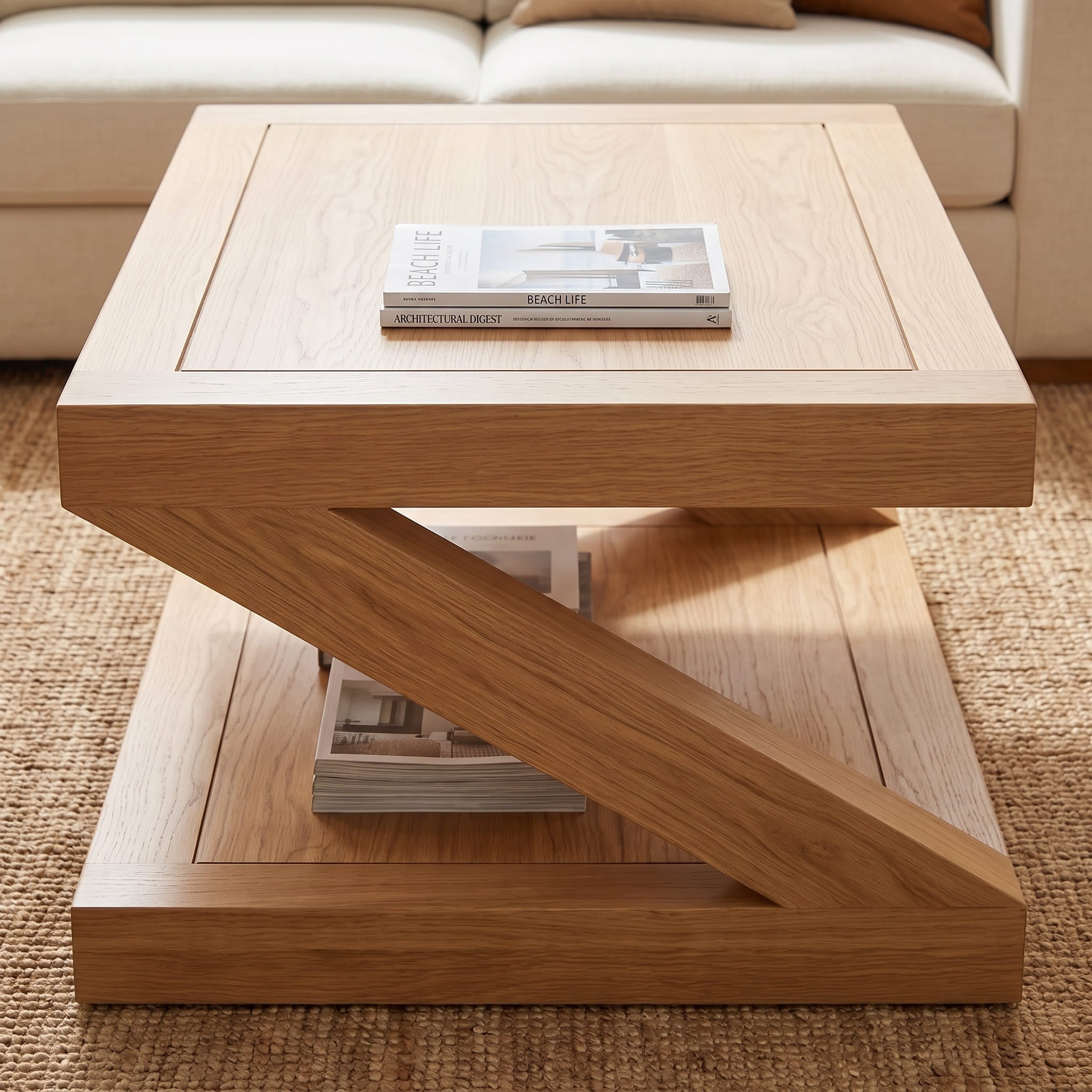 Natural oak small coffee table styled in a contemporary living room with matching oak furniture