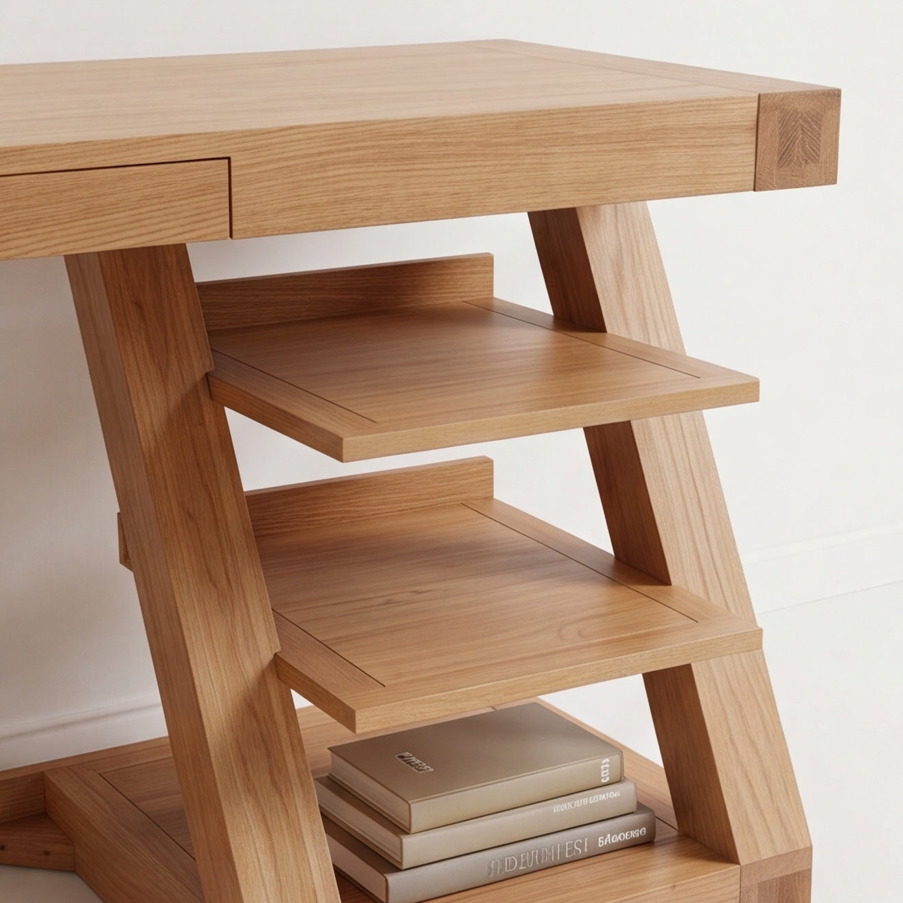 Solid oak office desk with natural wood grain, drawer storage, and modern workstation design