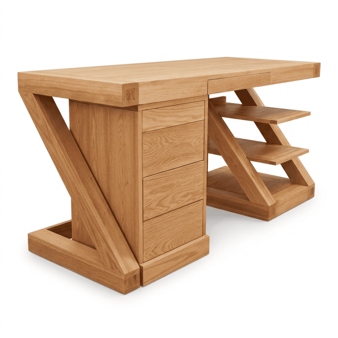 Natural solid oak work station with spacious desktop, storage drawers, and open shelving