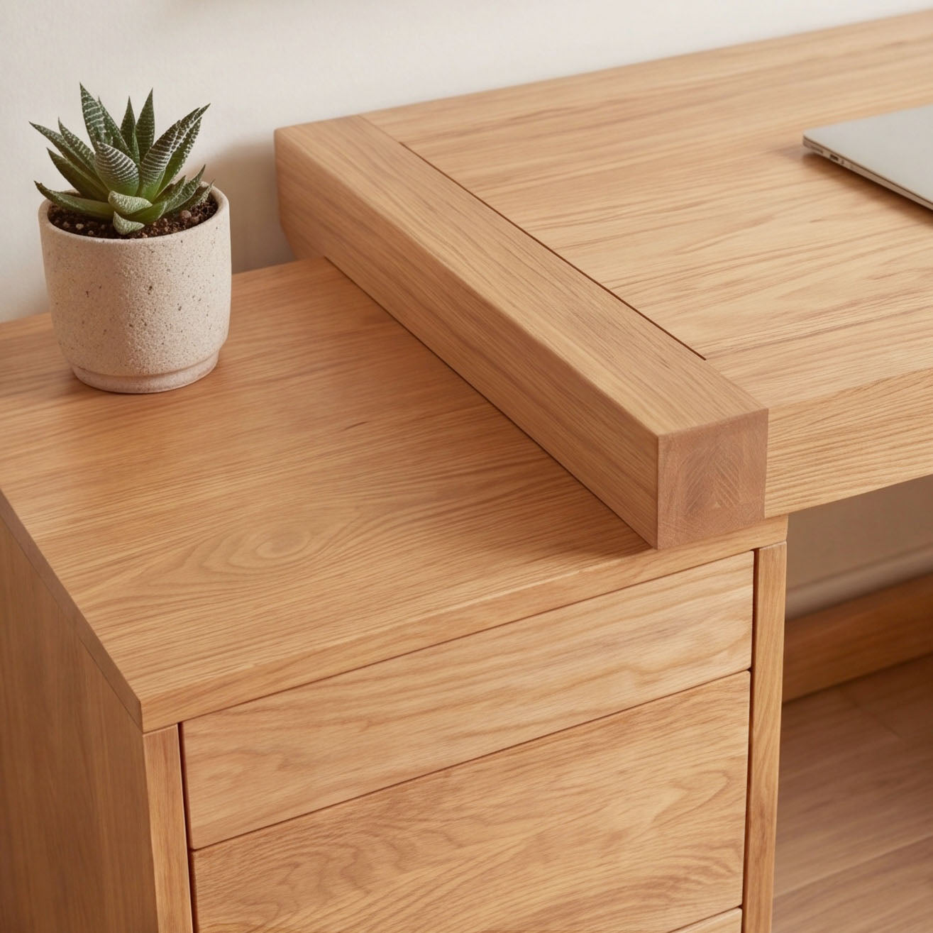 Solid oak work station with wide desktop for laptop, stationery, books, and office essentials
