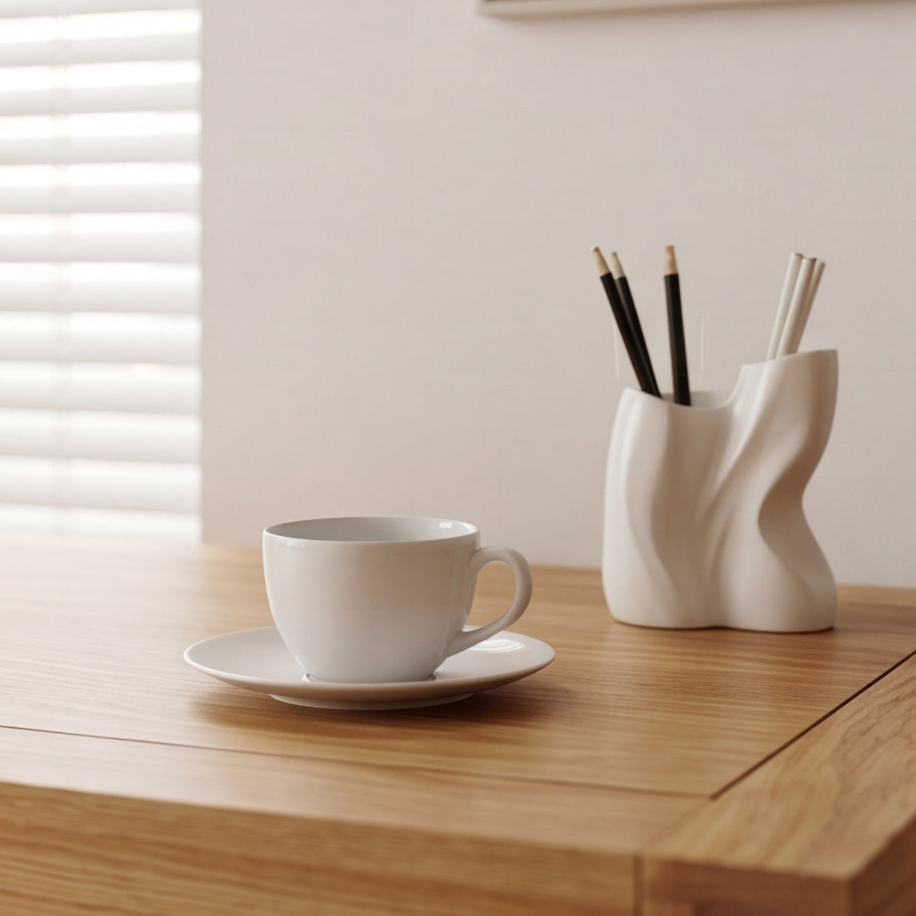 Zetland oak home office desk paired with cane chair and matching solid oak bookshelf