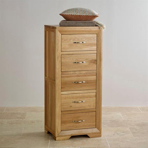 Chamfer Natural Solid Oak 5 Drawers Tallboy - Oak Furniture Store & Sofas