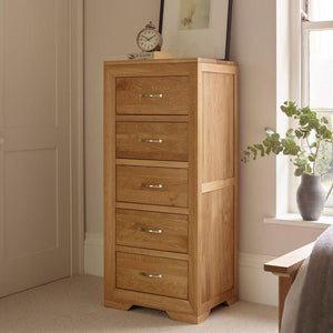 Chamfer Natural Solid Oak 5 Drawers Tallboy - Oak Furniture Store & Sofas