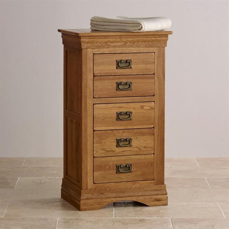 French Rustic Solid Oak 5 Drawers Tallboy - Oak Furniture Store