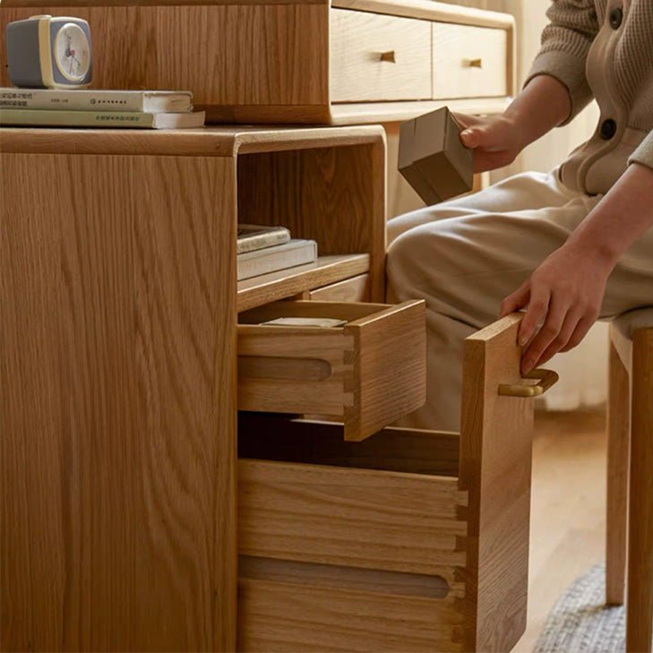 Oslo natural solid oak dressing table with expandable side cabinet and large vanity mirror ｜Oak Furniture Store