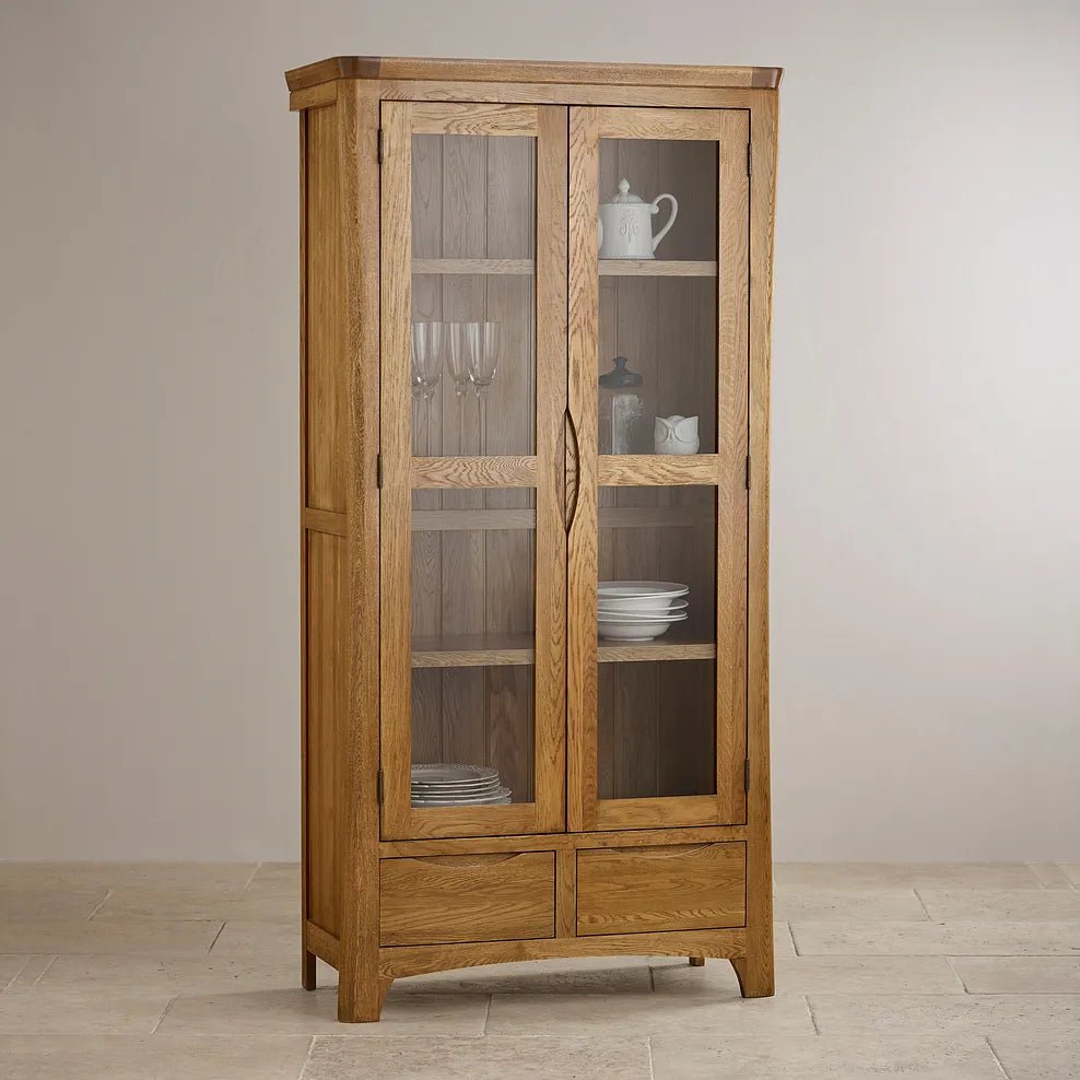 Renwick Rustic Solid Oak Glazed Display/Bookcase Cabinet - Oak Furniture Store & Sofas