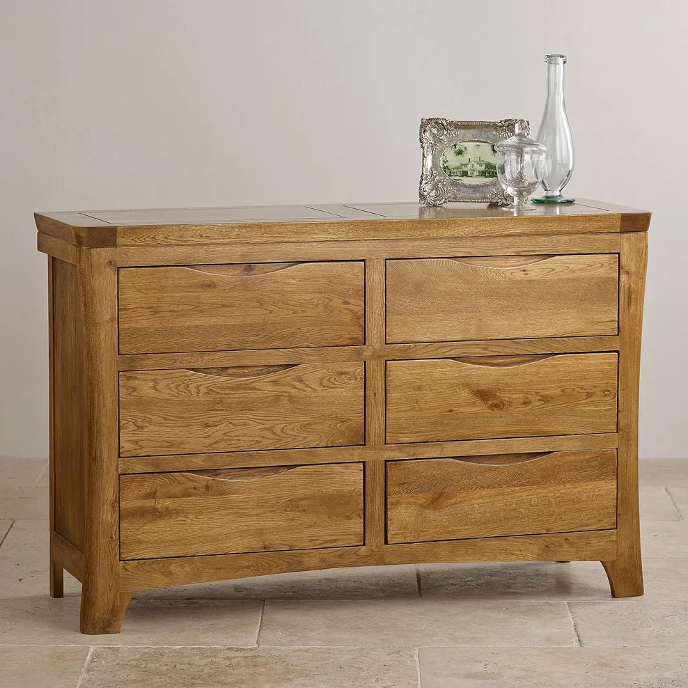 Renwick Rustic Solid Oak Wide 6 Drawers Chest - Oak Furniture Store