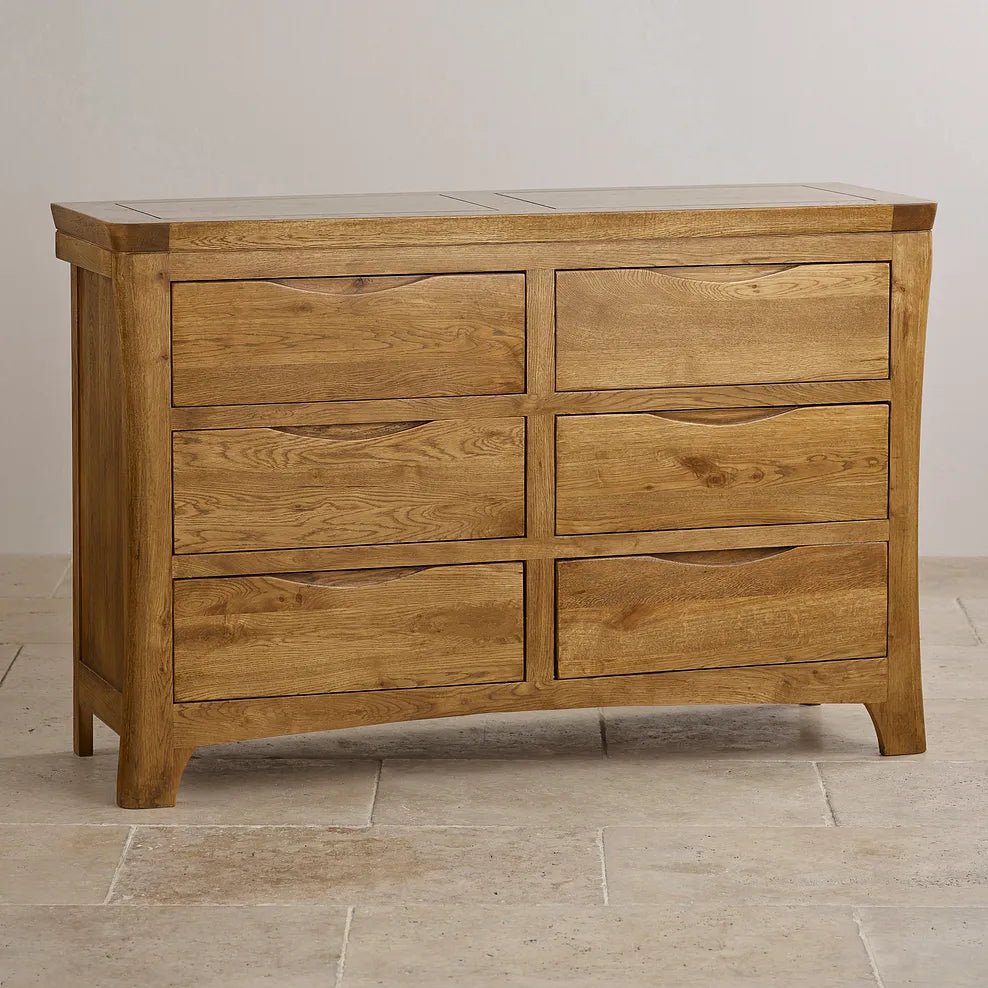 Renwick Rustic Solid Oak Wide 6 Drawers Chest - Oak Furniture Store